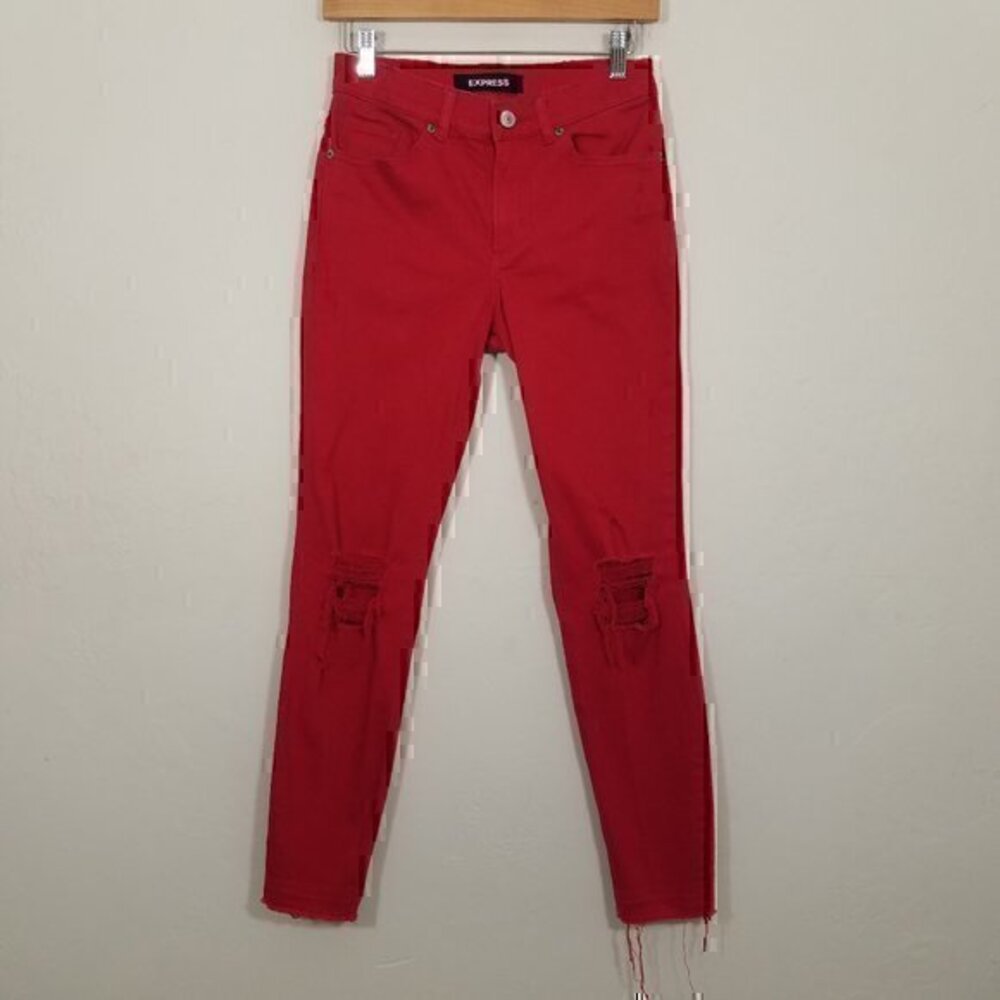 Express High Rise Ankle Legging Distressed Stretch Jeans Red Size 0